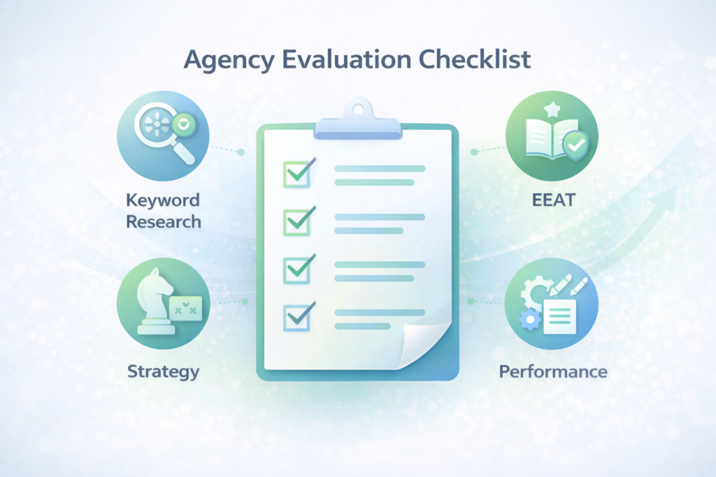 How to choose a professional SEO content writing agency evaluation checklist illustration
