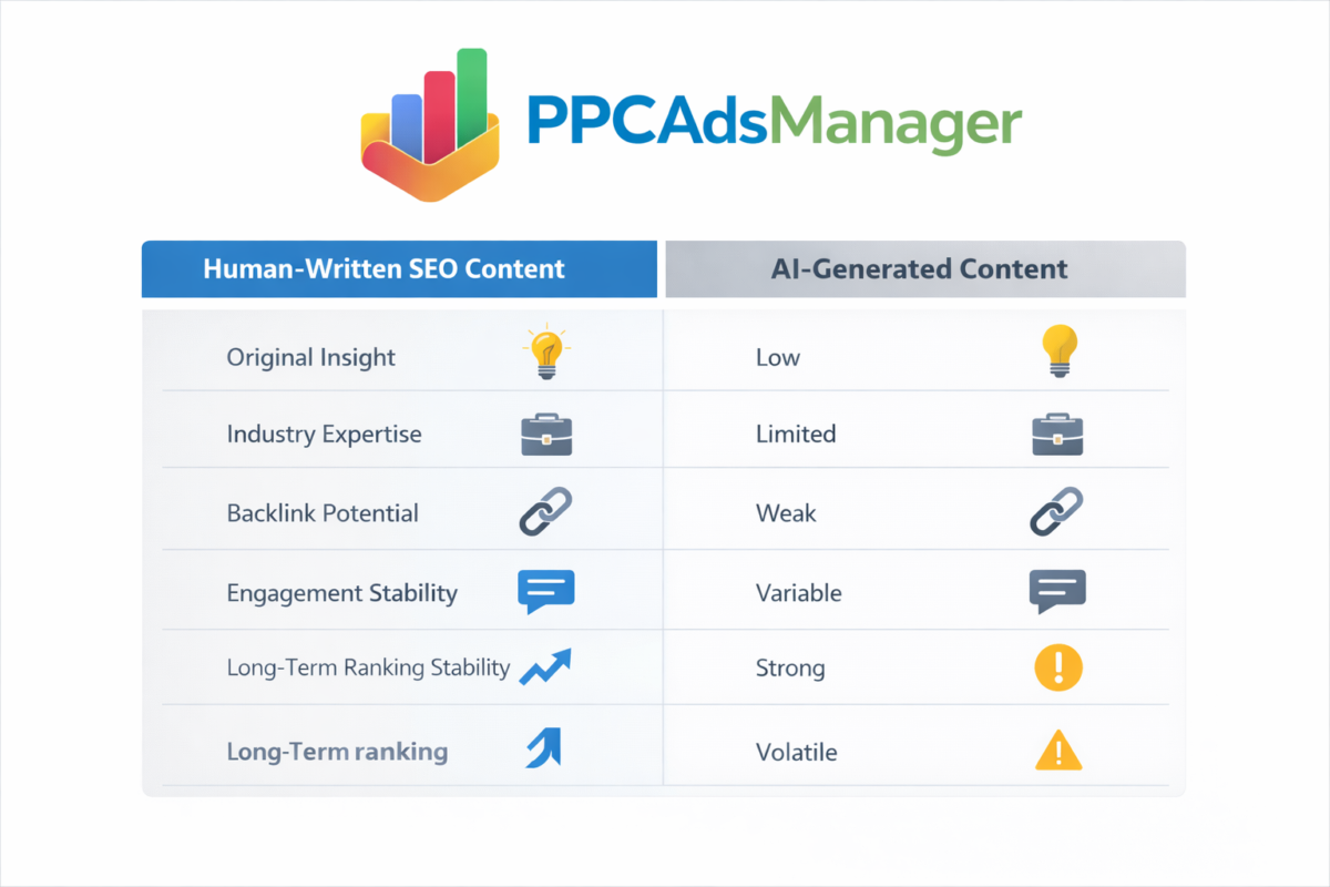 Human-written SEO content vs AI-generated content comparison infographic showing ranking stability and backlink strength